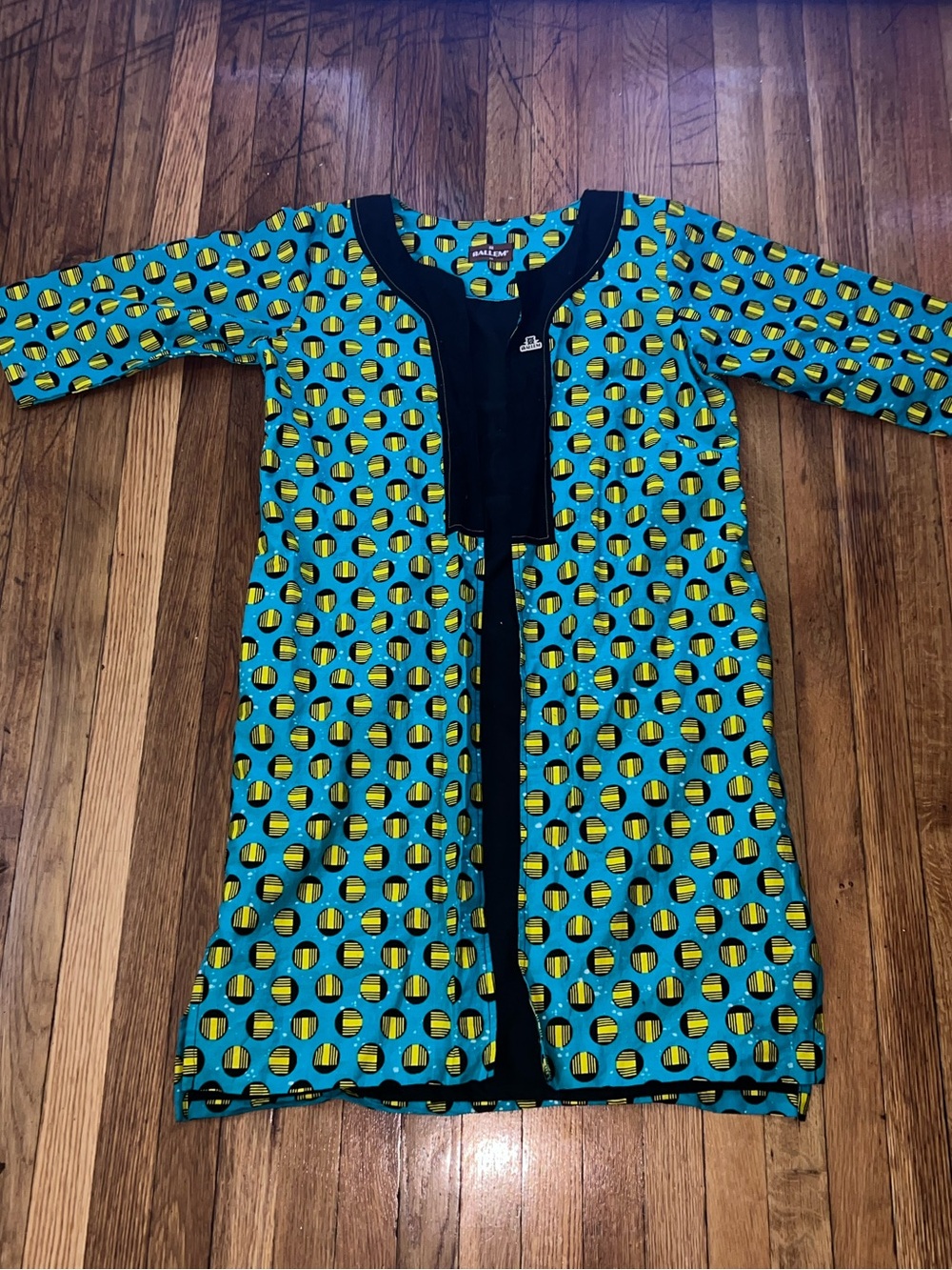 Printed Teal & Yellow Longline Blazer with Black Trim